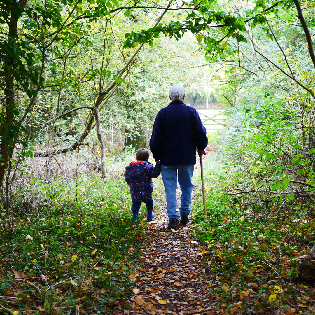 Un grand-père et son petit-fils marchent main dans la main sur un chemin en forêt.