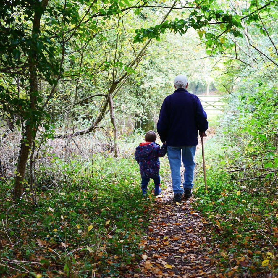 Un grand-père et son petit-fils marchent main dans la main sur un chemin en forêt.