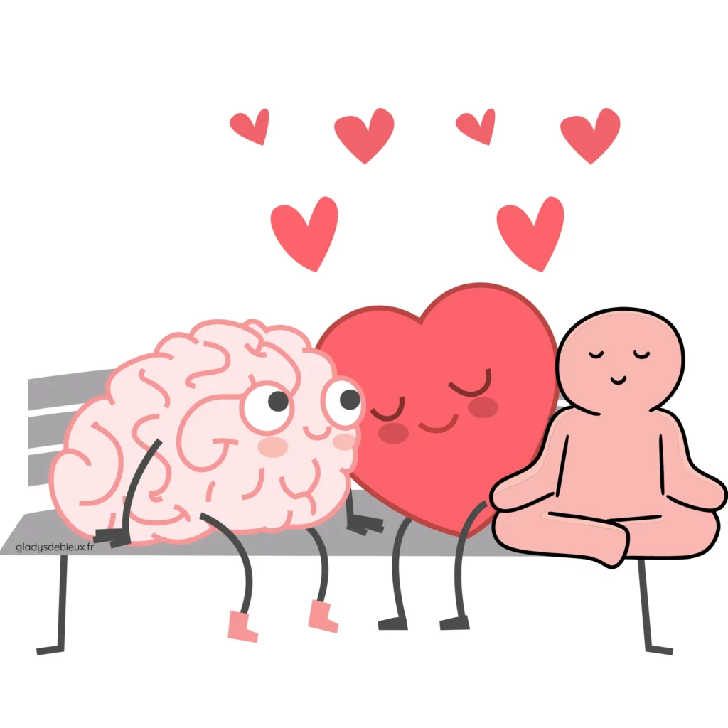 Infographie pour resprésenter la psychomotricité : trois amis assis sur un banc : cerveau, coeur et corps qui s'aiment. Infographie de Gladys Debieux.